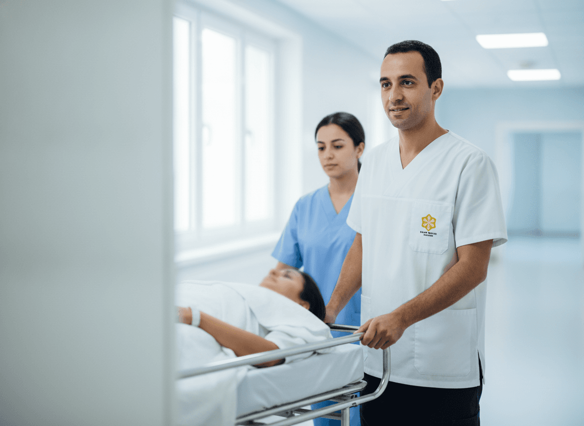 Agent Snow White Solutions accompagnant le transfert d'un patient en milieu hospitalier