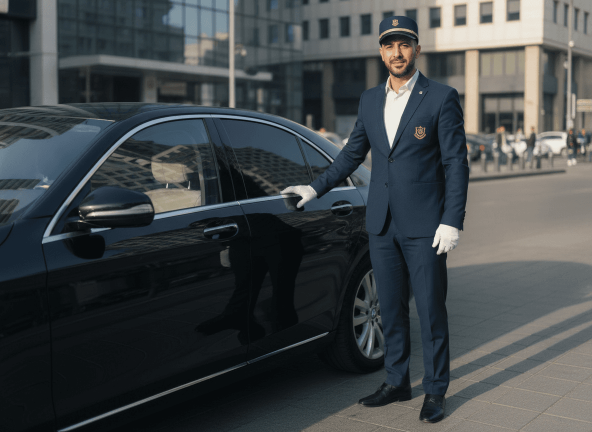 Chauffeur privé ouvrant la portière d'un véhicule de luxe