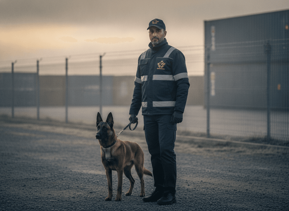 Maître-chien et son chien de sécurité en patrouille
